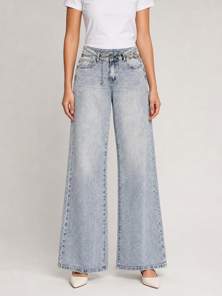 Jeans Gamba Larga con Cintura Light Blue