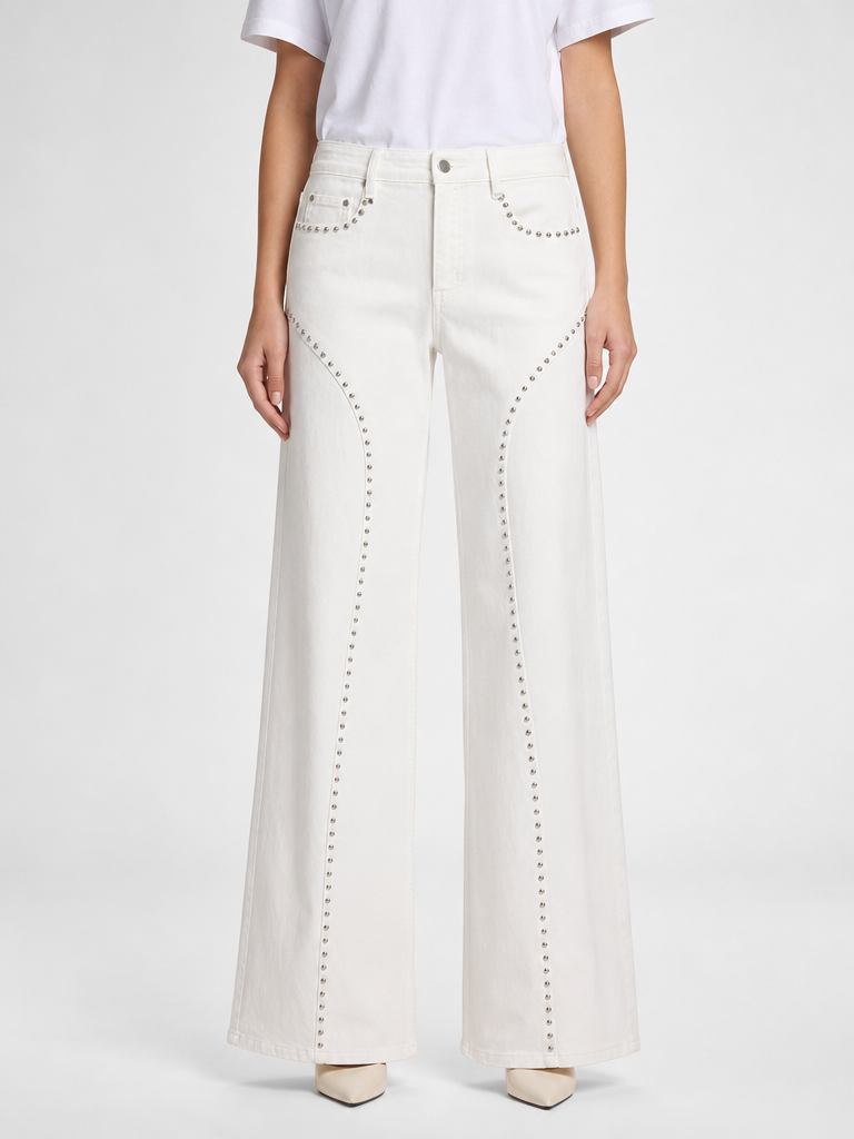 Jeans Straight Leg Studs White