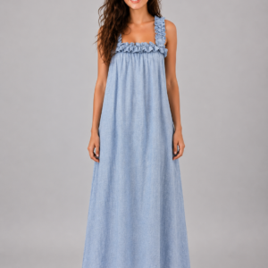 Abito Lungo Donna Azzurro con Spalline Volant