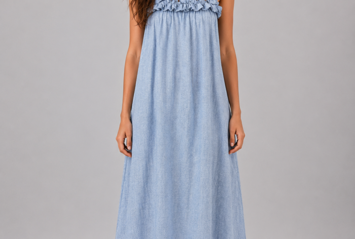 Abito Lungo Donna Azzurro con Spalline Volant