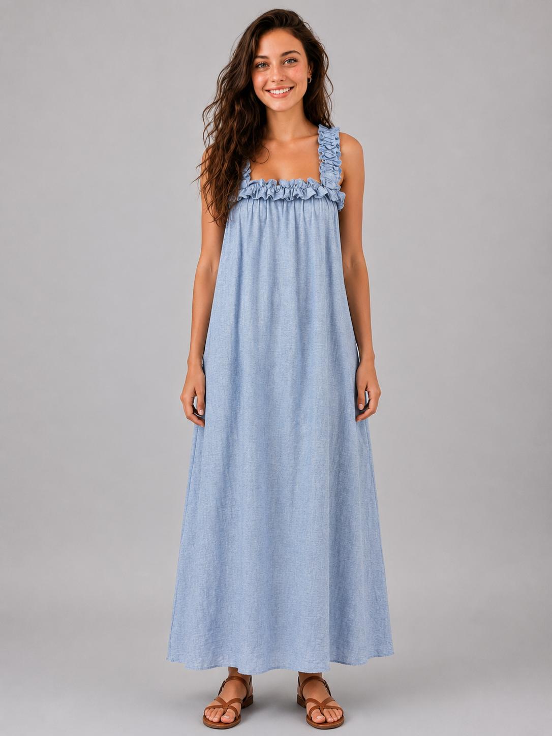 Abito Lungo Donna Azzurro con Spalline Volant