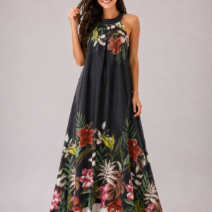 Abito Lungo Donna Fantasia Floreale con Scollo Americano