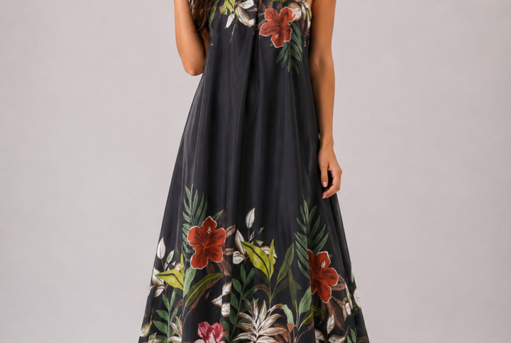 Abito Lungo Donna Fantasia Floreale con Scollo Americano