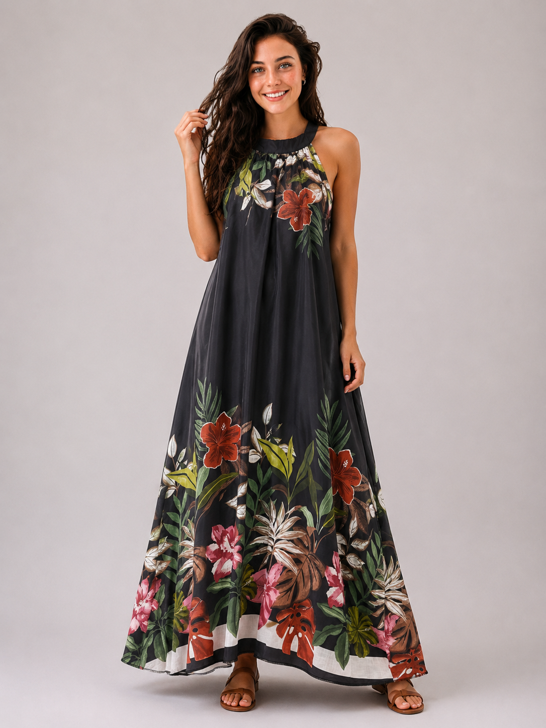 Abito Lungo Donna Fantasia Floreale con Scollo Americano