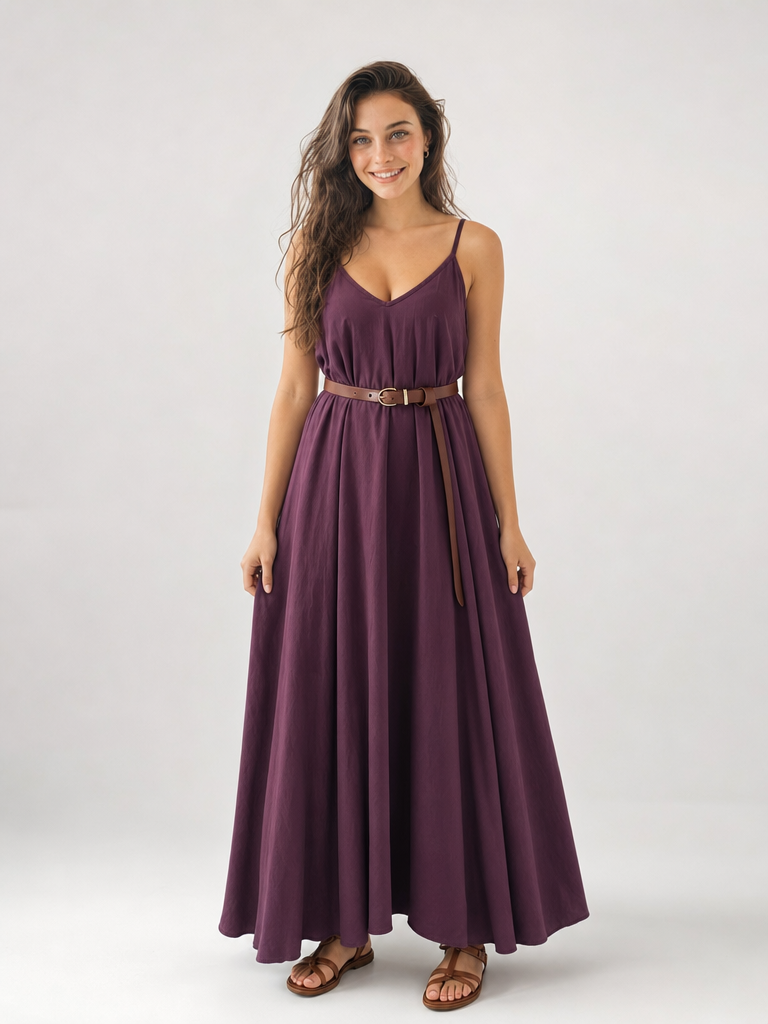 Abito Lungo Donna con Spalline e Cintura