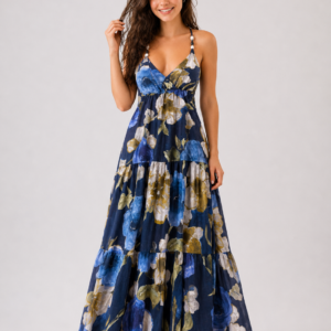 Abito Lungo Floreale Donna con Spalline e Scollo a V