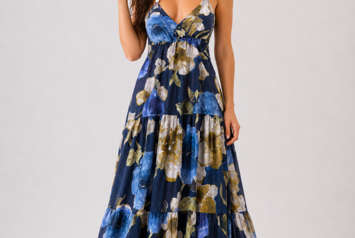 Abito Lungo Floreale Donna con Spalline e Scollo a V
