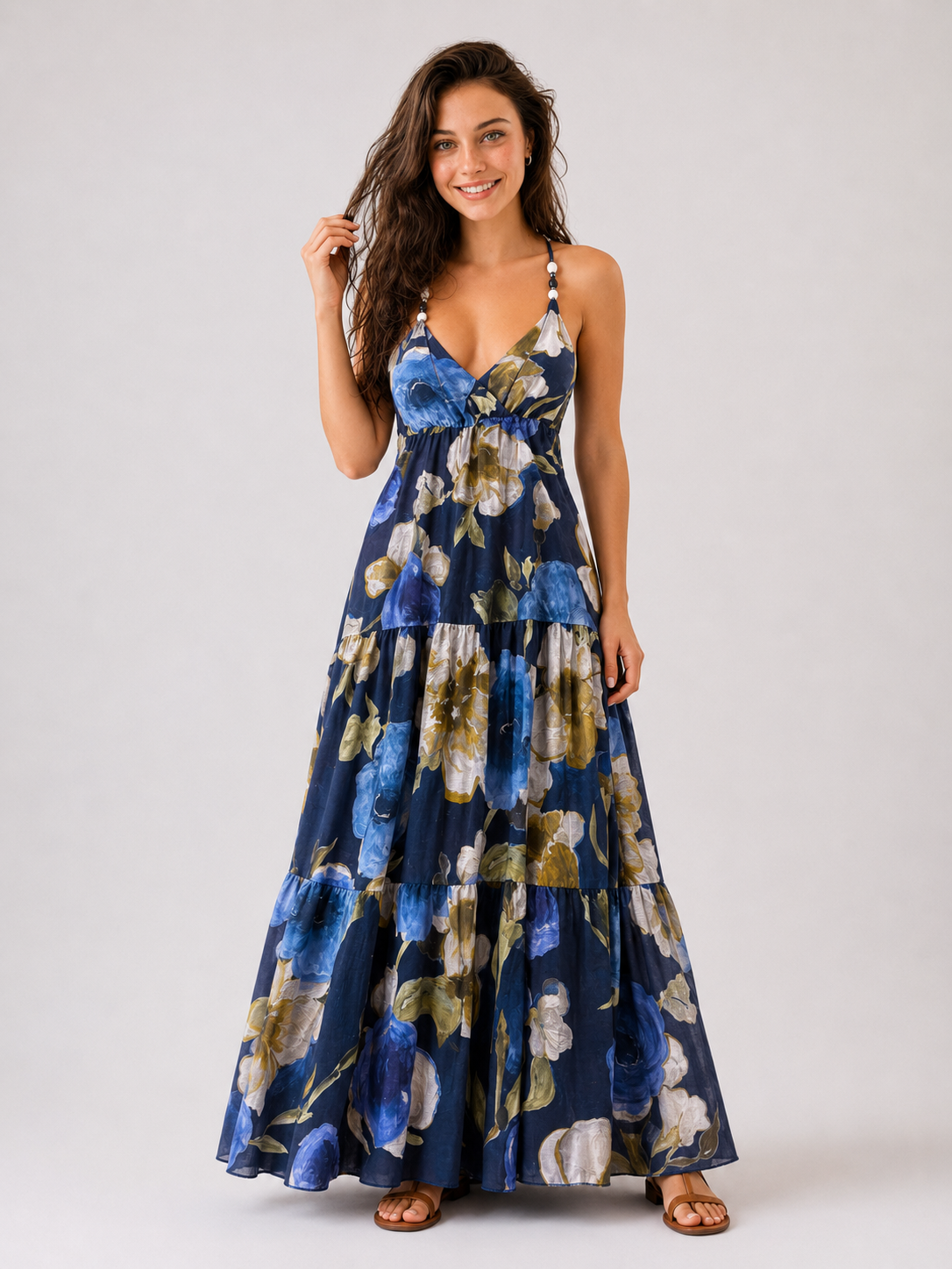 Abito Lungo Floreale Donna con Spalline e Scollo a V