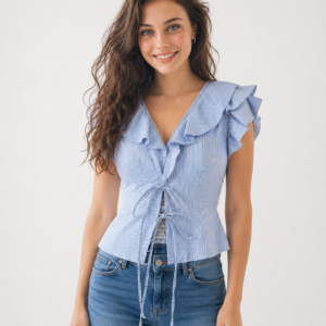 Blusa Donna a Righe Azzurre con Volant e Laccetti Frontali