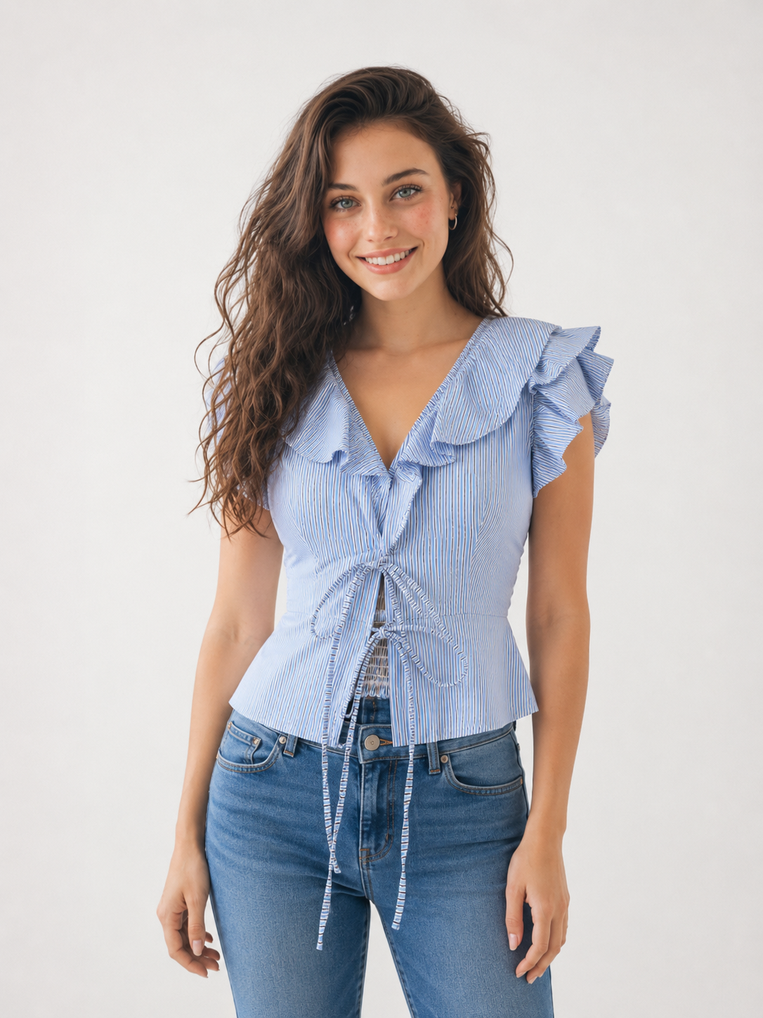 Blusa Donna a Righe Azzurre con Volant e Laccetti Frontali