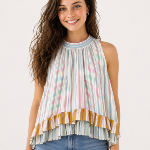 Blusa Multirighe con Balze Asimmetriche