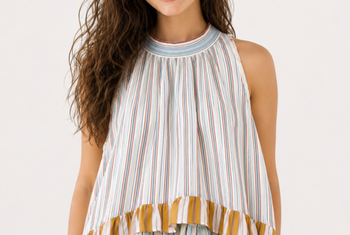 Blusa Multirighe con Balze Asimmetriche
