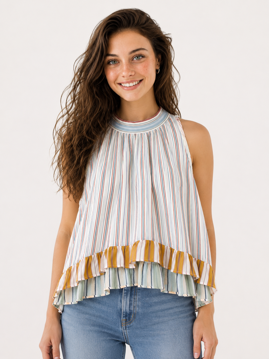 Blusa Multirighe con Balze Asimmetriche
