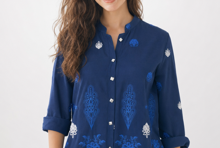 Camicia Donna Blu Ricamata