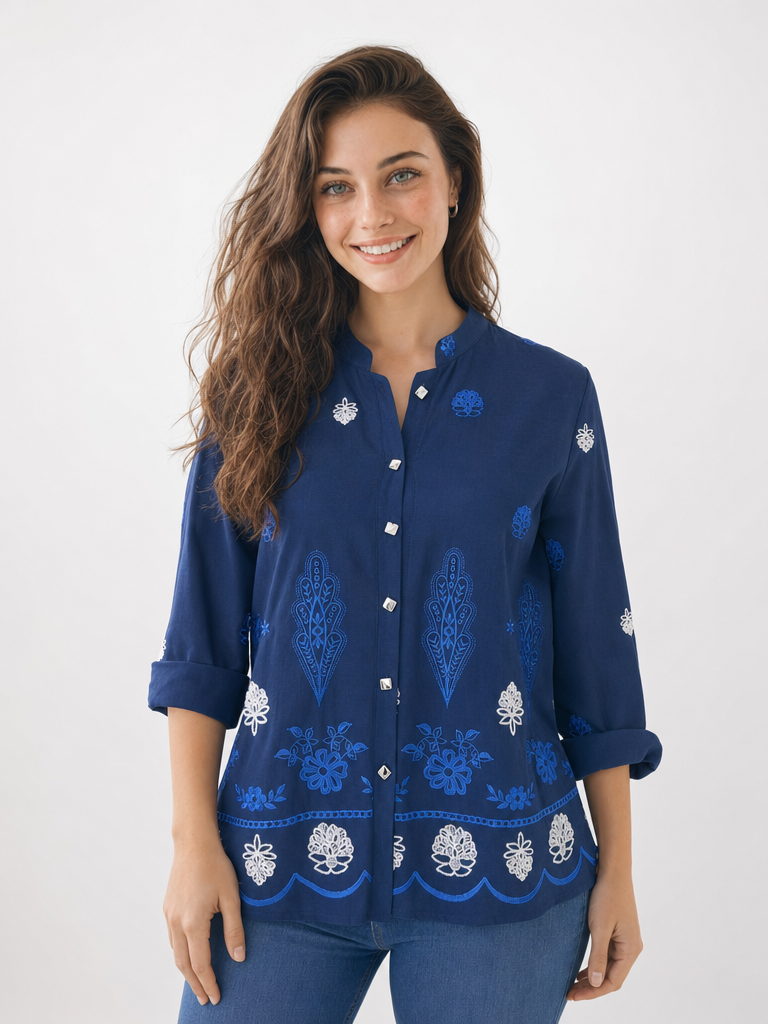 Camicia Donna Blu Ricamata