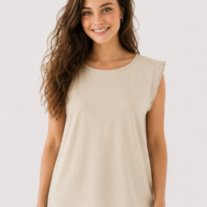 T-Shirt Donna Beige con Applicazioni sulle Spalle