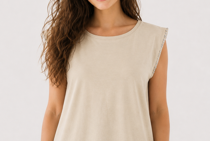 T-Shirt Donna Beige con Applicazioni sulle Spalle