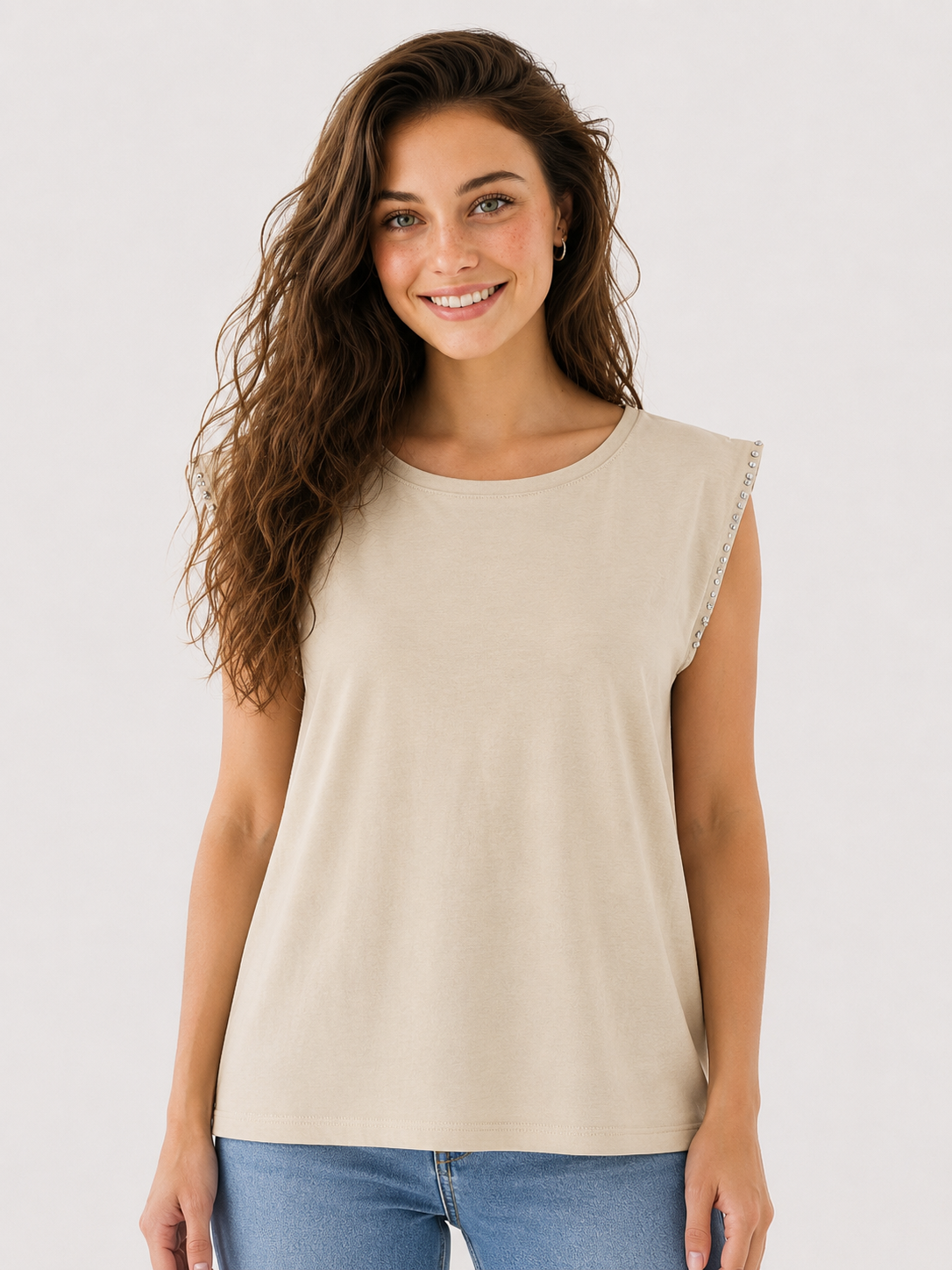 T-Shirt Donna Beige con Applicazioni sulle Spalle