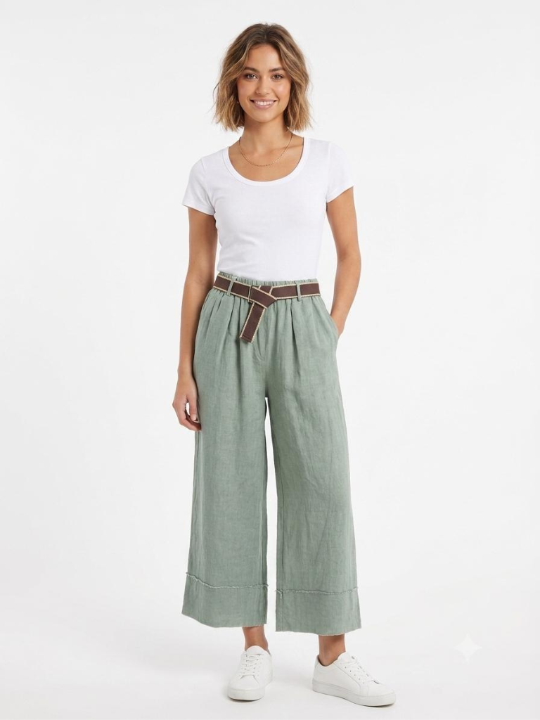 pantalone palazzo lino con cintura