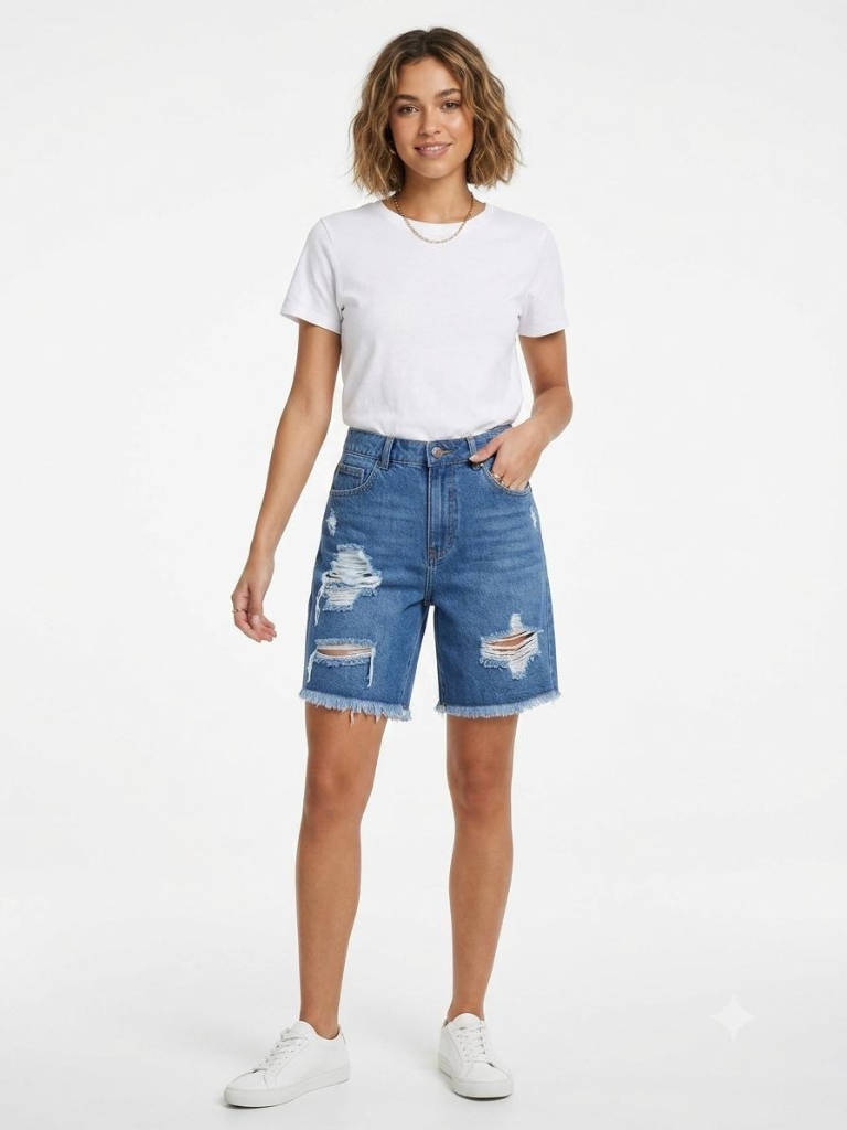 Pantaloncino in denim con strappi e fondo sfrangiato